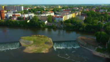 Waterfalls River Odra Brzeg Wodostpady Aerial View Poland. High quality 4k footage