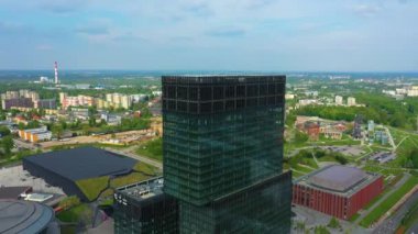 Office Buildings Skyscrapers Katowice Wiezowiec Aerial View Poland. High quality 4k footage