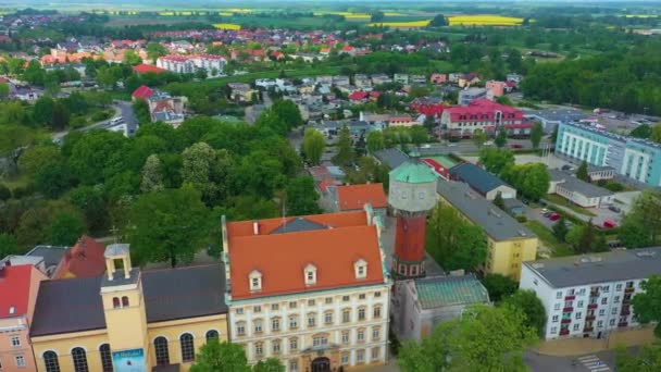 Water Tower Castle Square Downtown Olawa Wieza Aerial View Poland — ストック動画