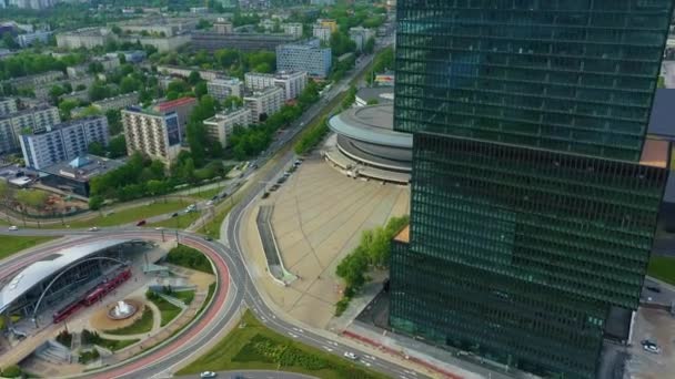 Skyscrapers Panorama Roundabout Katowice Spodek Aerial View Poland High Quality — Wideo stockowe