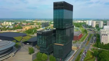 Office Buildings Skyscrapers Katowice Wiezowiec Aerial View Poland. High quality 4k footage