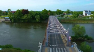 Piastowski Bridge River Odra Brzeg Most Aerial View Poland. High quality 4k footage