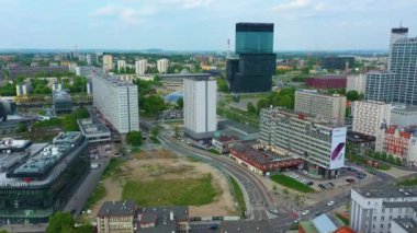 Skyscrapers Panorama Roundabout Katowice Spodek Aerial View Poland. High quality 4k footage