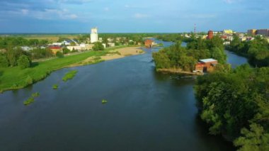 Waterfalls River Odra Brzeg Wodostpady Aerial View Poland. High quality 4k footage