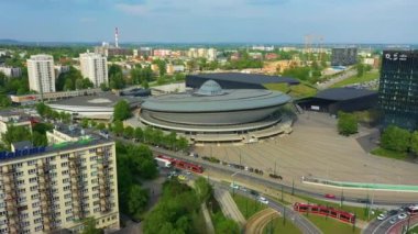 Roundabout Katowice Rondo Spodek Aerial View Poland. High quality 4k footage