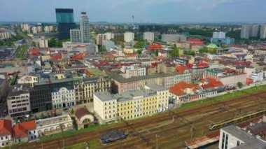 Station Street Downtown Tracks Katowice Dworcowa Aerial View Poland. High quality 4k footage