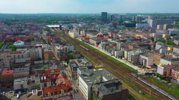Panoráma Pályák Katowice Pályaudvar Centrum Aerial View Lengyelország Kiváló Minőségű — Stock videók