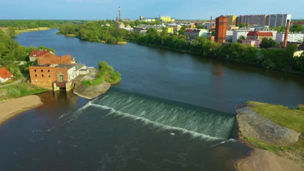 Waterfalls River Odra Brzeg Wodostpady Aerial View Poland High Quality — Stock Video