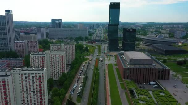 Panorama Roundabout Saucer Skyscraper Katowice Spodek Rondo Aerial View Poland — Video