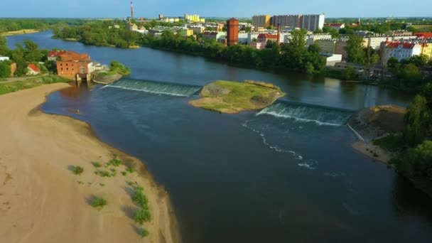 Vodopády Řeka Odra Brzeg Wodostpady Aerial View Polsko Vysoce Kvalitní — Stock video