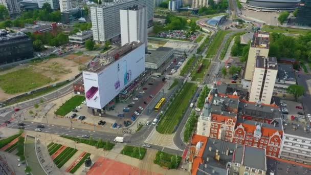 Market Square Downtown Katowice Rondo Rynek Aerial View Poland High — Vídeos de Stock