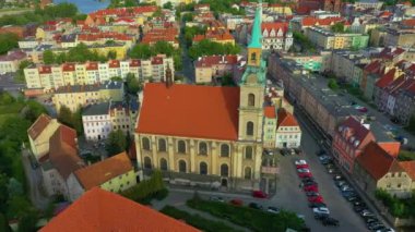 Roman Catholic Church Brzeg Kosciol Aerial View Poland. High quality 4k footage