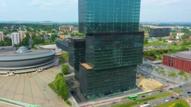 Office Buildings Skyscrapers Katowice Wiezowiec Aerial View Poland. High quality 4k footage