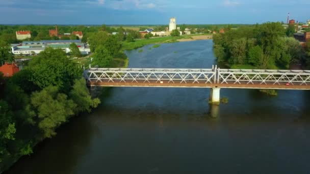 Most Piastowski Rzeka Odra Brzeg Widok Lotu Ptaka Polska Wysokiej — Wideo stockowe