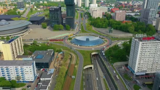 Panorama Roundabout Saucer Skyscraper Katowice Spodek Rondo Aerial View Poland — Vídeos de Stock