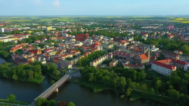 Πλατεία Αγοράς Πανοράματος Odra Brzeg Ratusz Rynek Aerial View Poland — Αρχείο Βίντεο