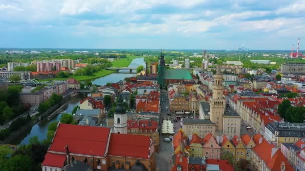 Panorama Stora Torget Opole Rynek Ratusz Flygfoto Polen Högkvalitativ Film — Stockvideo