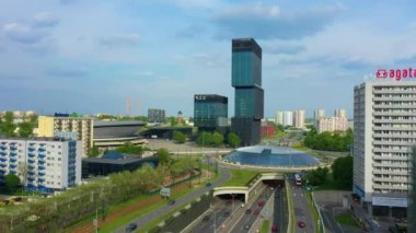 Panorama Roundabout Saucer Skyscraper Katowice Spodek Rondo Aerial View Poland. High quality 4k footage