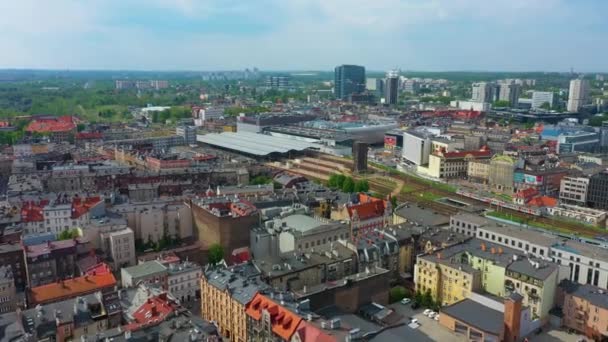 Panorama Tracks Railway Station Katowice Centrum Aerial View Poland High — Vídeos de Stock