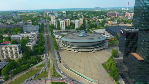 Skyscrapers Panorama Roundabout Katowice Spodek Aerial View Poland High Quality — Stockvideo