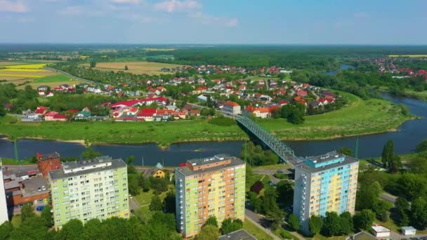 Panorama Bridge River Odra Olawa Rzeka Aerial View Polsko Vysoce — Stock video