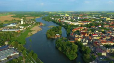 Beautiful Panorama River Odra Brzeg Rzeka Aerial View Poland. High quality 4k footage