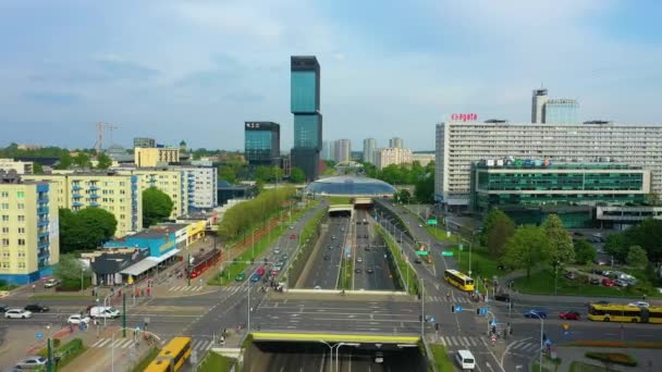 Panorama Roundabout Saucer Skyscraper Katowice Spodek Rondo Aerial View Poland — Stock video