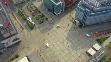 Market Square Downtown Katowice Rynek Aerial View Poland. High quality 4k footage