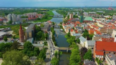 Panorama Mlynowka Canal Odra River Bridges Opole Aerial View Poland. High quality 4k footage