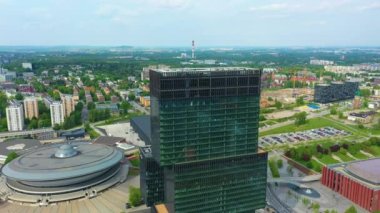 Office Buildings Skyscrapers Katowice Wiezowiec Aerial View Poland. High quality 4k footage