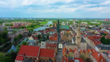 Panorama Main Square Opole Rynek Ratusz Aerial View Poland. High quality 4k footage