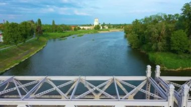Piastowski Bridge River Odra Brzeg Most Aerial View Poland. High quality 4k footage