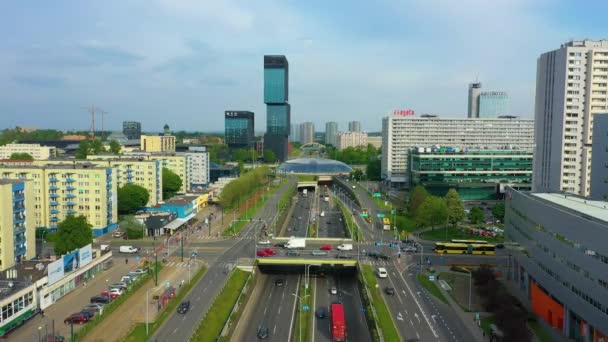 Panorama Roundabout Saucer Skyscraper Katowice Spodek Rondo Aerial View Poland — Wideo stockowe