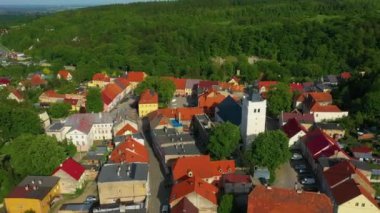 Landscape Market Square Zloty Stok Ratusz Rynek Aerial View Poland. High quality 4k footage