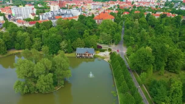 Keçi Göleti Ndeki Ada Legnica Kozi Staw Hava Görüntüsü Polonya — Stok video