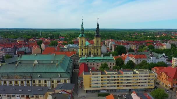 Street Nova Church Legnica Kosciol Aerial View Poland High Quality — Stockvideo