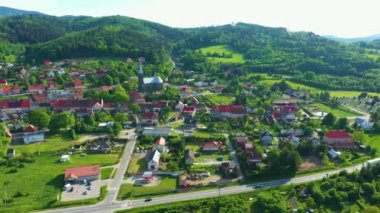 Landscape Houses Mountains Centrum Zloty Stok Aerial View Poland. High quality 4k footage