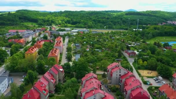 Panorama Mountains Houses Swiebodzice Aerial View Poland High Quality Footage — Stockvideo