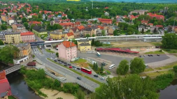 Vasútállomás Klodzko Stacja Kolejowa Aerial View Lengyelország Kiváló Minőségű Felvételek — Stock videók