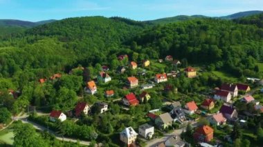 Landscape Houses Mountains Zloty Stok Gory Aerial View Poland. High quality 4k footage