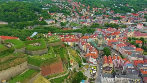 Panorama Old Town Fortress Klodzko Twierdza Aerial View Poland High — Stockvideo