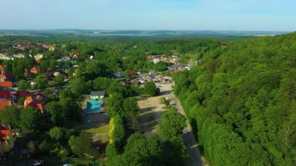 Landschap Huizen Bergen Zloty Stok Luchtfoto View Polen Hoge Kwaliteit — Stockvideo