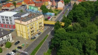 Footbridge Over The Road Legnica Kladka Aerial View Poland. High quality 4k footage