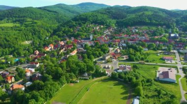 Landscape Houses Mountains Centrum Zloty Stok Aerial View Poland. High quality 4k footage
