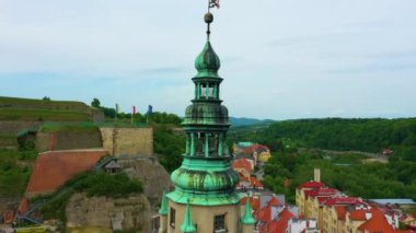 Old Town Tower Klodzko Rynek Wieza Ratusz Aerial View Poland. High quality 4k footage