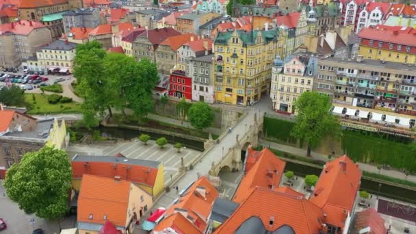 Old Town Gothic Bridge Mlynowka Klodzko Most Aerial View Poland — Stock video