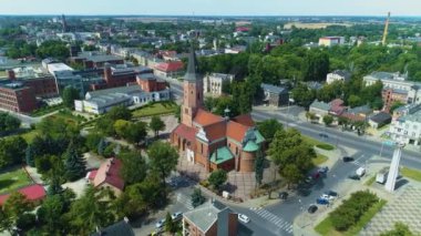 Church Old Market Square Pabianice Kosciol Stary Rynek Aerial View Poland. High quality 4k footage