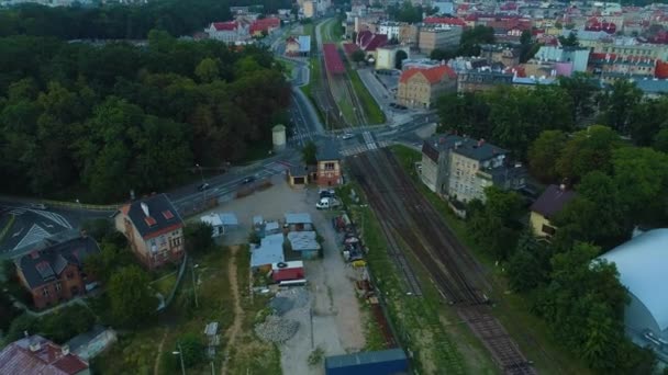 Road Tracks Swidnica Droga Przez Tory Aerial View Poland High — ストック動画