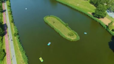 Water Bikes Park Lewityn Pabianice Aerial View Poland. High quality 4k footage