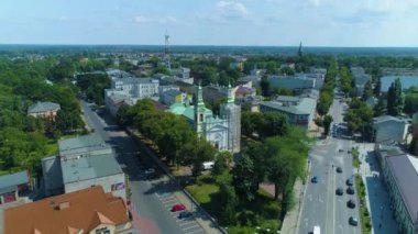 Centrum Kilisesi Tomaszow Mazowiecki Kosciol Hava Görüntüsü Polonya. Yüksek kalite 4k görüntü